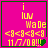Four identical pink square with green borders display yellow text and symbols, each containing a small colored pixel cluster at the bottom right