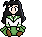 Pixel art character with long black hair, green and white checkered collar, green skirt, brown shoes; gray background with partial text "SIT!" visible.