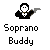 Pixelated character in black suit with white shirt and tie, holding a smoking gun against gray background; text reads 'Soprano Buddy' below.