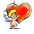 A cartoon cherub with yellow hair and blue wings holds a large red heart, standing on a small platform with text below.