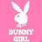 Pixelated white rabbit head with long ears on pink checkered background, below which is pixelated text reading 'BUNNY GIRL' in two lines.