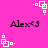 A pink background displays repeating black text 'Alex<3' and white pixelated square-and-dot patterns in a