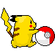Pixelated yellow Pikachu with brown stripes holds a Poké Ball that cycles through red/white color states against gray and white backgrounds.