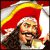 Pixelated static icon of a bearded man with long hair wearing a red tricorn hat and dark coat, holding a glowing object against a red-and-white background.