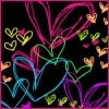 A static digital artwork featuring multiple glowing heart shapes in neon colors against a black background, with a pink border.