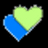 Two overlapping hearts in blue and green with pixelated text above and below, on a black background.