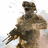 Pixelated figure in military-style cap and uniform holding a long firearm, standing against light background with scattered pixel clusters.