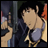 A pixelated 48x48 animated buddy icon featuring a Cowboy Bebop character on the left and text elements on the right, displayed as a contact sheet with two frames.