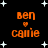 Black background with white star shapes and orange text reading 'ben' above a heart symbol above 'camie', repeated in two