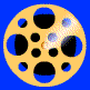 yellow film reels with black holes on a blue background, each reel showing slight variations in hole arrangement and a small orange dot near the center