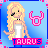 Pixel art contact sheet of six animated frames showing a blonde cartoon girl with Taurus symbol and text on blue background.