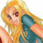 Pixelated image of a person with long blonde hair wearing a teal top, smiling with eyes partially closed against a white background.