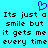 A static pixel art image with a cyan background, blue heart symbol at top center, and repeated black text reading "Its just a smile but it gets me every time" in two