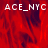 Red and dark red abstract background with repeated white text 'ACE_NYC' in pixelated font across multiple sections.