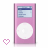 Pixelated pink iPod-like device with white circular control, blue screen display, and small heart symbol on left side. Text reads 'my lyfe iz on dot thing' in pink pixel font.