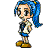 Pixel art character with blue ponytail, white shirt, dark vest, blue shorts, and brown shoes in three vertical poses showing head and body movement.