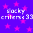Pixelated text and pink stars on a purple background, repeated in two with identical content