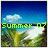 Pixelated beach scene with blue sky, white clouds, green palm trees, and white sand under green text reading 'Summer 07'.