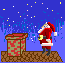 Santa Claus in red suit with white trim and black belt, descending into a brick chimney against blue starry night background.