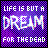 Six identical pixelated display 'LIFE IS BUT A DREAM FOR THE DEAD' text over a purple checkered background with varying glitch effects