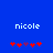 Blue background with white text 'nicole' above red and purple star-like shapes in two side-by-side configurations.