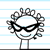 Pixelated icon of a character with large black glasses, curly hair, and a simple stick-figure body against light blue horizontal stripes.