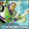 Buzz Lightyear in green and purple space suit with transparent helmet, floating against light blue sky with white clouds, text 'TO INFINITY AND BEYOND' below.