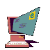 12 pixel-art computer icons with red monitors, white keyboards, and yellow 'e' symbols on blue or teal screens showing purple text