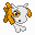 Pixelated character with white fur, orange ears and tail, yellow belly, red eyes; transitions from standing on ground to floating above pink clouds.