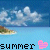 Pixelated summer scene with blue sky, white clouds, and a small island over light blue water; two pink heart icons appear below the text 'summer' in black pixel font.
