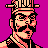Pixel art portrait of a character with stylized facial features, wearing a hat and dark clothing against a solid purple background.