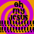 Pixelated text 'oh my jesus' on a purple and orange spiral background with black horizontal bars.