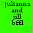 Green background with black text reading 'julianna and jill bffl' repeated in six positions, each surrounded by pink star-like sparkles.