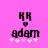 Pixelated icon with pink background, black 'KK' text above heart symbol and 'adam' text below, white plus signs at bottom.