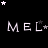 Black background with white text 'MEL' repeated in three , surrounded by small stars and a gray rectangle at bottom right