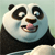 Pixelated panda face with black and white fur, brown nose, pink tongue, and wide eyes looking left, set against light green background.