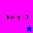 Four display 'Kelly :D' text with a star icon; top-left and bottom-right show blue stars on pink and blue backgrounds, while top-right and bottom-left show pink stars on purple backgrounds