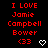 Red text on black background reads "I LOVE Jamie Campbell Bower <33" with white heart symbols, arranged in a of repeated identical units