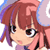 Pixelated anime-style character icon with reddish-brown hair, large eyes, and pink clothing against a gradient background.