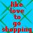 Red text on blue background with green pattern, repeating 'like love to go shopping' in pixelated font