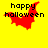 Yellow background with black text 'happy halloween' and red bat-shaped pixel art in four positions.