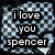 A pixelated image with a checkered background and text reading "i love you spencer" in black boxes, accompanied by two heart shapes.