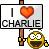 Pixelated icon shows a sign reading "I ❤️ CHARLIE" held by a yellow cartoon character with wide eyes and a broad smile.