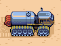 Pixel art of a blue and yellow tracked vehicle with red exhaust on a beige background.
