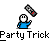 A 4x4 contact sheet of a pixel art animation featuring a blue-shirted stick figure holding and manipulating a chain saw across 16 frames, with visible text "Party Trick" repeated below each frame on a gray background.