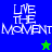 Four quadrants display 'LIVE THE MOMENT' text with a green star in blue quadrant and blue star in green quadrant, all on solid backgrounds.