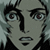 Pixelated close-up of a character's face with dark hair, light skin, and red eyes, set against a muted background.