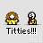Pixel art character with brown hair and purple accents, yellow outfit, alternating between two poses with text "Titties!!!" below.