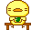 Pixel art contact sheet of a yellow chick character holding a green cup across six animated frames with varying expressions and small visual changes.