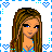 A 4x3 contact sheet of pixel art frames showing a cartoon woman with long brown hair in various poses and outfits, surrounded by blue heart borders on white backgrounds with pink text.